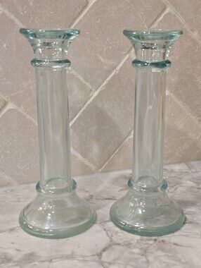Vintage Pair Of Vetreria Etrusca Green Art Glass Vases Candle Sticks Holders